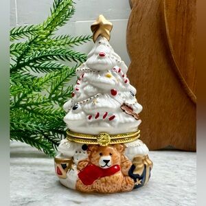 New White Christmas Tree Candy Cane Bear Ceramic Ring Jewelry Trinket Box - 4.5”
